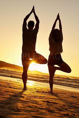 Buy stock photo Healthy couple, silhouette and yoga on beach for fitness, meditation and sunset in summer for holiday. Man, woman and waves in tropical island for zen, sundown and mindfulness in nature for peace