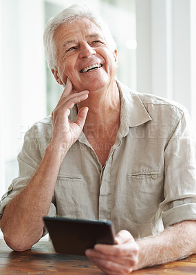 Buy stock photo Tablet, senior man and thinking in home, laugh and online website for blog and read. Technology, email or digital or connection for app communication, social media or internet in house living room