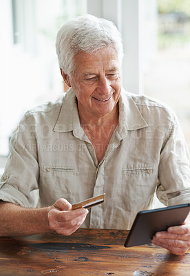 Buy stock photo Happy senior man, credit card and tablet of online shopping, cash payment and fintech app. Elderly person, digital banking and ecommerce for finance, sales and easy investment transaction on internet