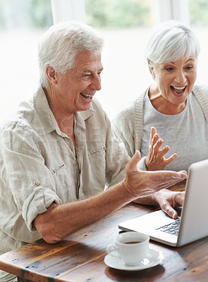 Buy stock photo Excited senior couple, laptop and cheering in home for online shopping deal, sales and good news in lottery. Happy old man, woman and wow celebration on computer for winning, surprise and competition