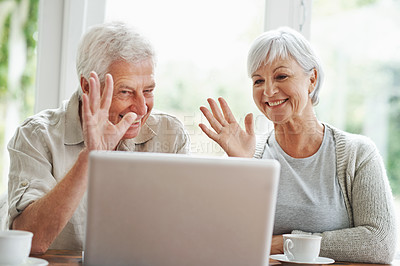 Buy stock photo Senior couple, laptop and waving on video call, digital communication and voip connection at home. Happy old man, elderly woman and wave hello on computer for virtual contact, online network and chat