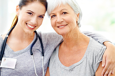Buy stock photo Smile, portrait of caregiver and elderly woman in nursing home, trust and support with doctor. Retirement, healthcare service and face of nurse with patient, happiness and medical check in house.