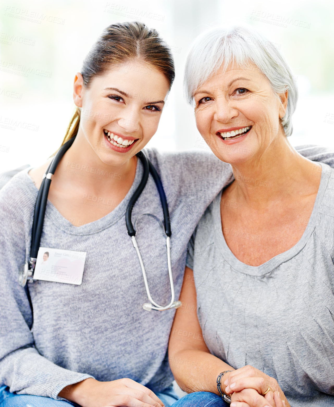 Buy stock photo Senior care, happiness and portrait of nurse with old woman in nursing home, help and support from healthcare. Retirement, caregiver service and elderly patient with healthy smile on face in lounge.