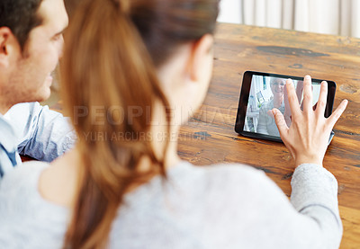 Buy stock photo Couple, online and video call with tablet in house for communication, talking and discussion long distance. Psychologist, man and woman for telehealth, virtual therapy and marriage counseling