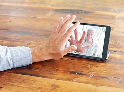 Buy stock photo Video call, hand and wave for bonding with tablet on app, family and communication for love. Mature man, screen talking and virtual chat for relationship, technology and connect for conversation