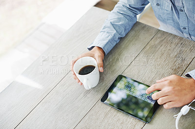 Buy stock photo Sun, coffee and hand with tablet on desk for communication, online search and connectivity. Man, high angle and morning with digital technology on table for internet, networking and social media
