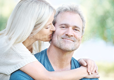 Buy stock photo Portrait, park and hug with mature couple, smile and love with romance, marriage and summer. Face, embrace and man with woman, bonding together and relaxing in garden with holiday and anniversary