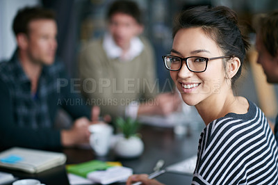 Buy stock photo Closeup portrait of an attractive young office worker in a meeting