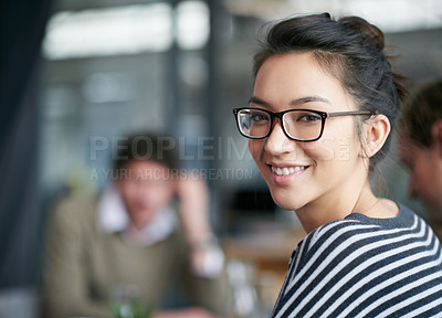 Buy stock photo Woman, smile in portrait and meeting at startup, creative brainstorming with team or workshop for ideas. Planning, vision and project pitch with collaboration at digital agency or media company