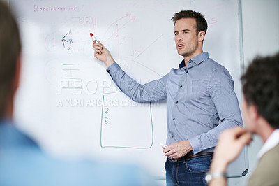 Buy stock photo Creative professional using a white board to give a presentation in a bright modern meeting room

