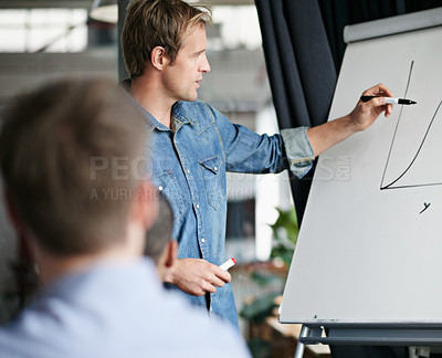 Buy stock photo Man, presentation and graphs with drawing on whiteboard for presentation, meeting or coaching team at office. Creative male person or employee showing team chart for trend in startup at workplace