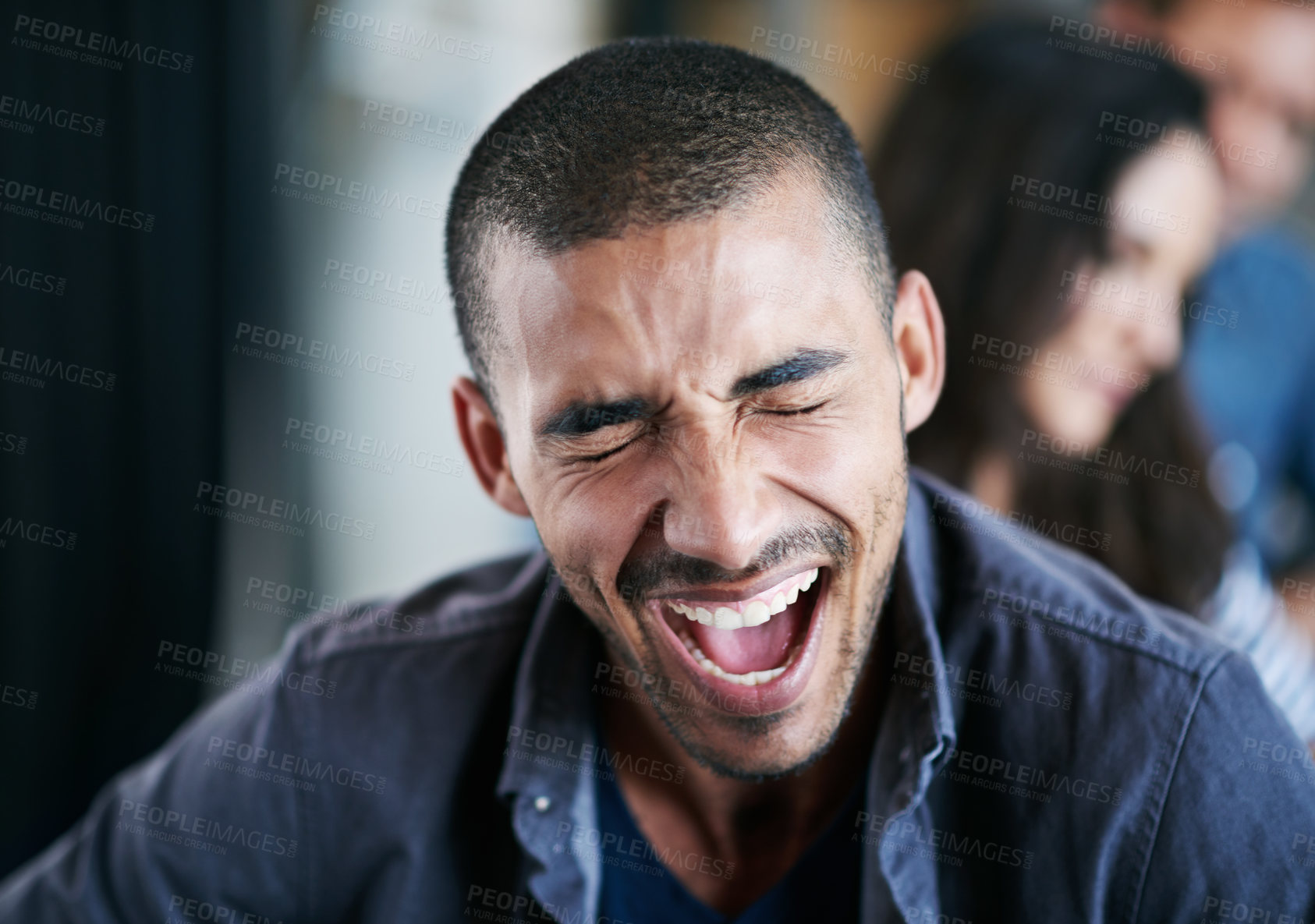 Buy stock photo Man, crazy and scream in work, meeting and celebration for deal, proposal and excited for collaboration. Boardroom, business and agency for public relations, editor and copywriting with employees