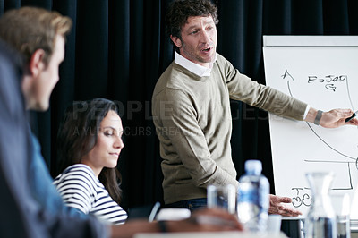 Buy stock photo Man, presentation and coaching with whiteboard in meeting for graphs, chart or diagrams at office. Male person talking or explaining graphic or formula for team startup or staff training at workplace
