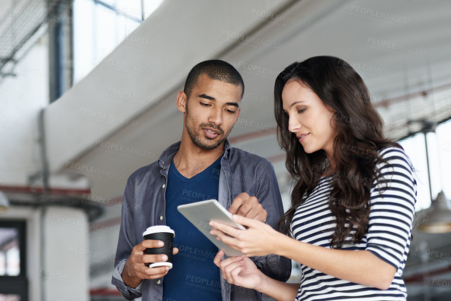Buy stock photo Teamwork, planning and business people with tablet in office building for creative, idea or collaboration. Digital, app and woman consulting partner for app, advice or help with web design project