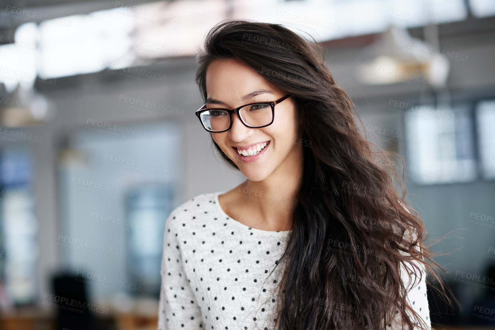 Buy stock photo Portrait, woman and employee with smile, glasses and vision for workplace, creative and agency for design. Happiness, entrepreneur and person with eyewear in office, career and staff in New York