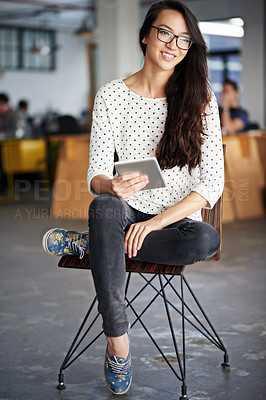 Buy stock photo Woman, office and chair with tablet in happiness for break on internet or online for research as interior designer. Employee, browse and website for projects, creativity and ideas for design agency