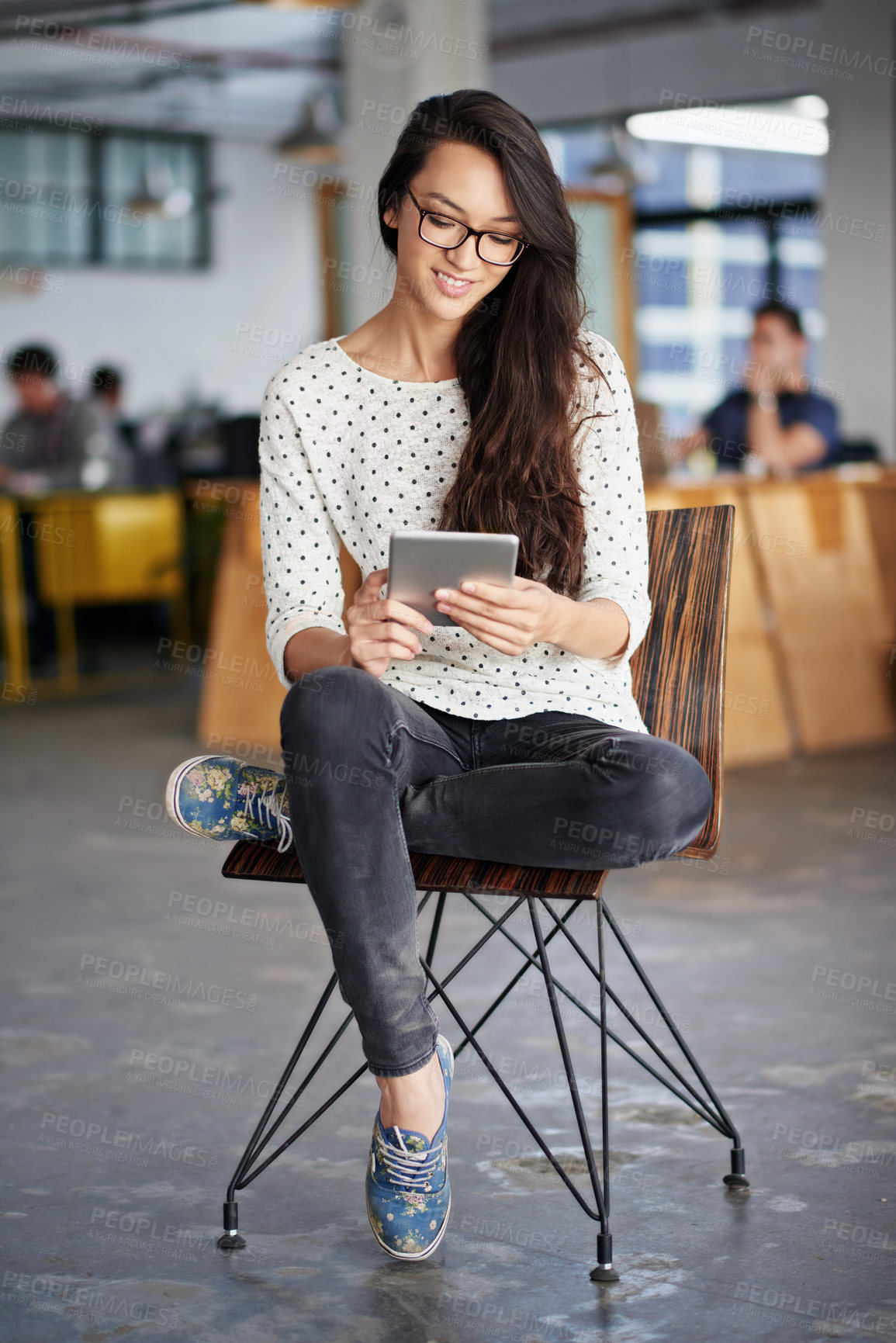 Buy stock photo Woman, glasses and digital tablet with office, workspace and smile for happiness. Journalist, technology and social network or app for website, research or online report in professional agency