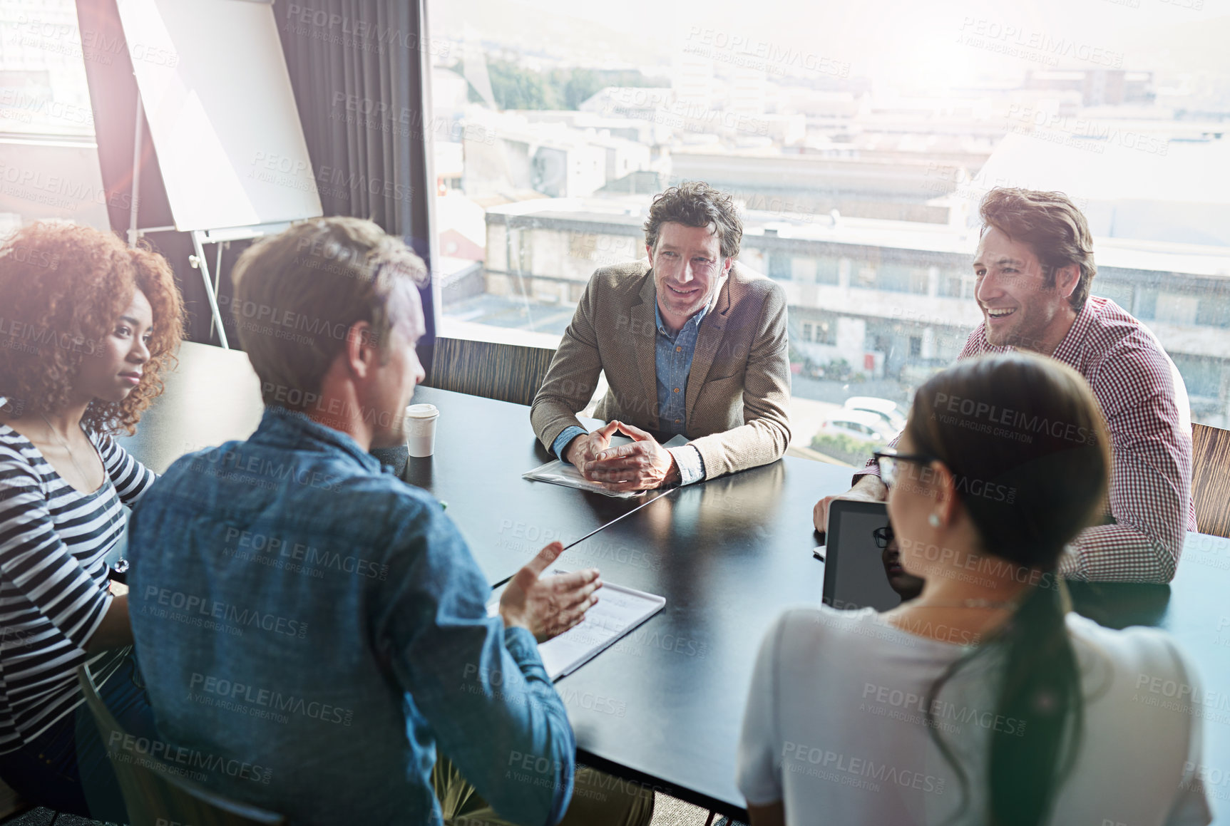 Buy stock photo Brainstorming, business and staff in a meeting, collaboration and negotiation with cooperation. Group, team and coworkers with ideas, executive and planning with a project, teamwork and conversation