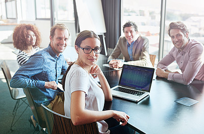 Buy stock photo Meeting, boardroom and portrait of business team in collaboration for growth of a tech agency or startup. Teamwork, group and corporate people planning or working on a strategy, project and proposal