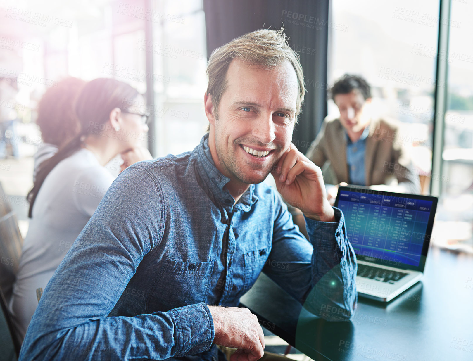 Buy stock photo Creative, man and portrait in meeting at conference room with editor of online magazine. Businessman, smile and teamwork feedback, collaboration and chat about planning web article and project