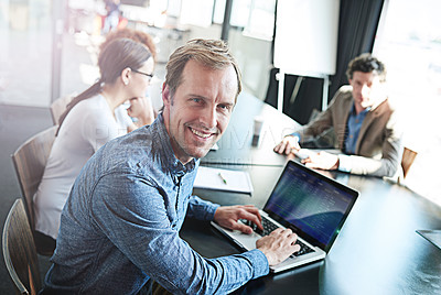 Buy stock photo Smile, meeting and portrait of a businessman with a laptop for notes, email or planning at work. Expert, teamwork and a corporate worker typing on a pc for project management collaboration in office