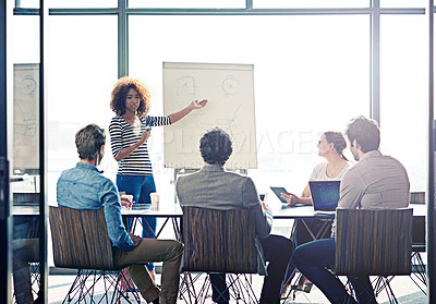 Buy stock photo Meeting, workshop and whiteboard with a business woman in the boardroom for training, planning or education. Presentation, management or leadership with a female employee coaching her corporate team
