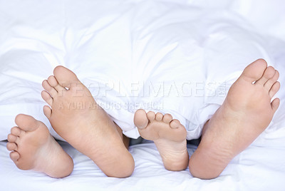 Buy stock photo Sleeping, feet and couple in bed with peace, safety and protection, rest or calm bonding at home. Sleep, love and people relax in bedroom with security, nap and quiet snooze on lazy weekend in house