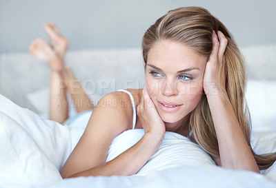 Buy stock photo Woman, thinking and calm in bedroom with pillow for resting, relaxing or daydreaming for morning contemplation. Face, home and female person on cushion, thoughtful moment and remember or memory