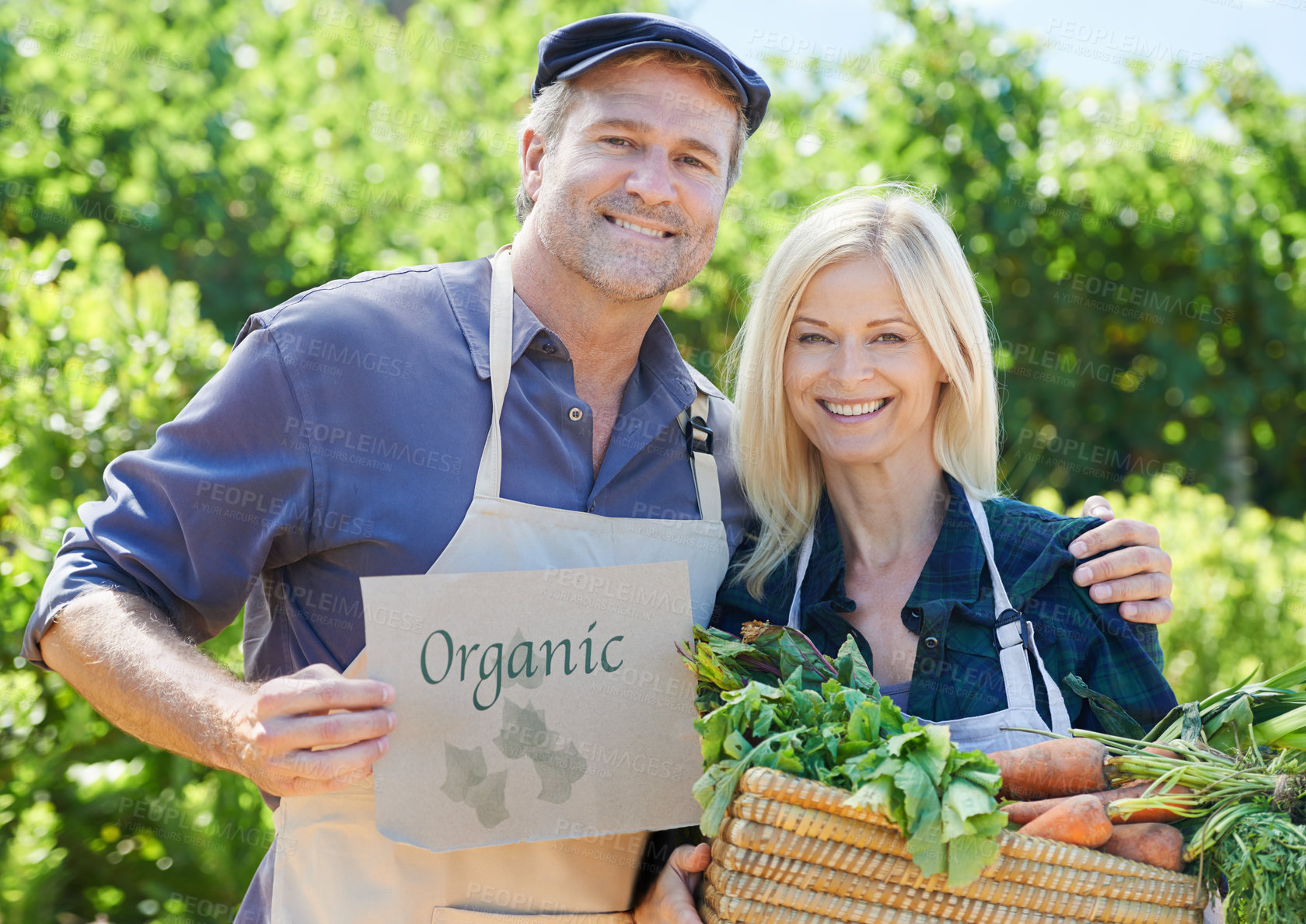 Buy stock photo Portrait, mature couple and organic vegetables for farming, nutrition and gardening together. Man, woman and pride for sustainability, small business and agriculture for vegan diet in environment 
