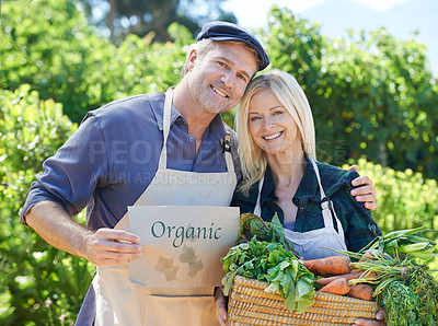 Buy stock photo A mature farmer couple holding a basket of freshly picked vegetables