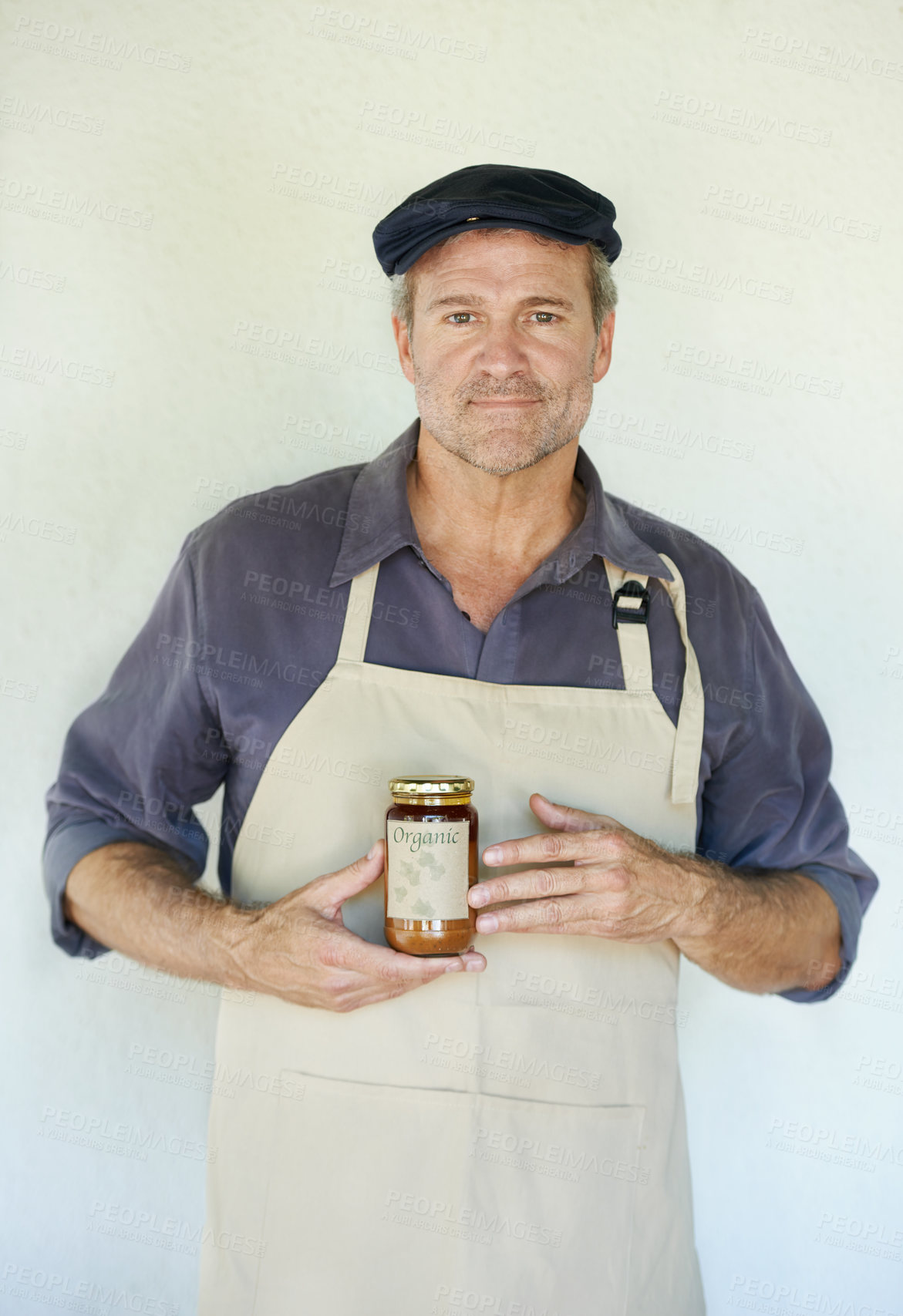 Buy stock photo Man, portrait and happy with organic jam for biodiversity,  sustainability and eco friendly in home. Preserver, smile and natural fruit spread for health, quality and wellness on white background