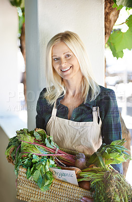 Buy stock photo A smiling woman holding a basket of organic vegetables
