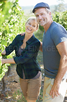 Buy stock photo Couple, vineyard and walk for holiday and portrait, vacation and romance for anniversary. Countryside, love and happy for wine for man and female person, relax or calm for support in nature or farm