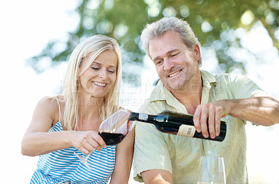 Buy stock photo A happy husband and wife enjoying a glass of wine while having a picnic outside in a park on a summer's day