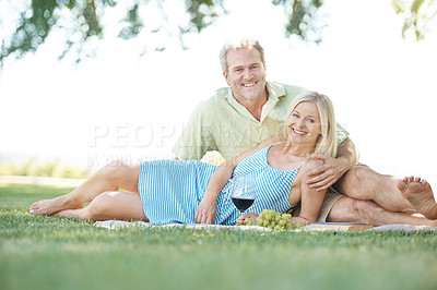 Buy stock photo A smiling husband and wife enjoying a leisurely picnic in the park