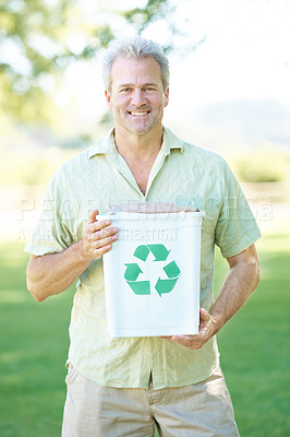 Buy stock photo Man, park and recycling bin for nature, cleanup and eco friendly growth for clean earth. Guy, portrait and smile with sustainability, ecology and responsible trash removal for hope or conservation