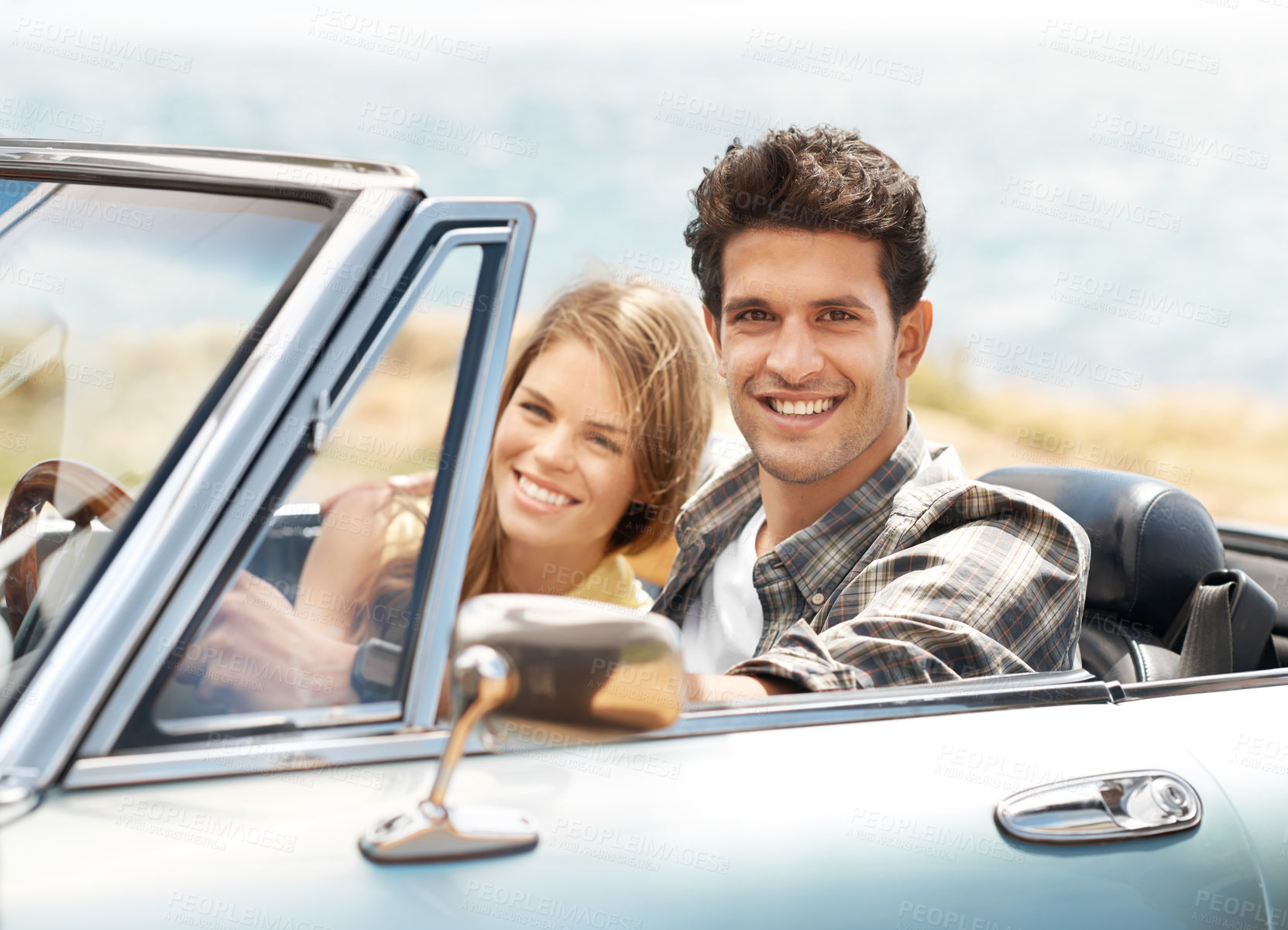 Buy stock photo Travel, couple and car for road trip, love and bonding together with romance, transportation and vacation. Adventure, outdoor and man with woman in vehicle, summer and holiday with driver and smile