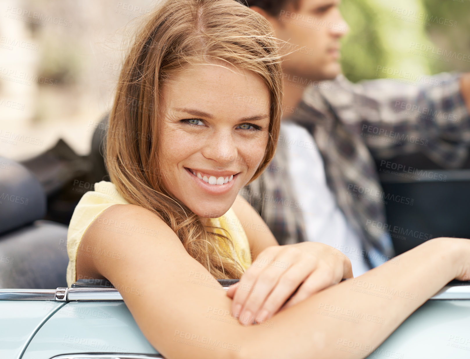 Buy stock photo Woman, portrait and road trip in car for travel, drive and journey with explore, adventure or vacation. Couple, smile and date in convertible with driving for crazy summer, holiday or freedom outdoor