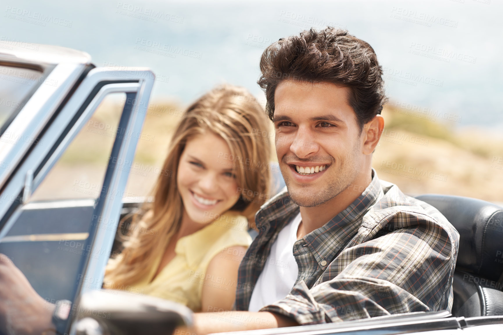 Buy stock photo Travel, couple and car for road trip, smile and bonding together with love, transportation and vacation. Holiday, outdoor and man with woman in vehicle, journey and adventure with driver and summer