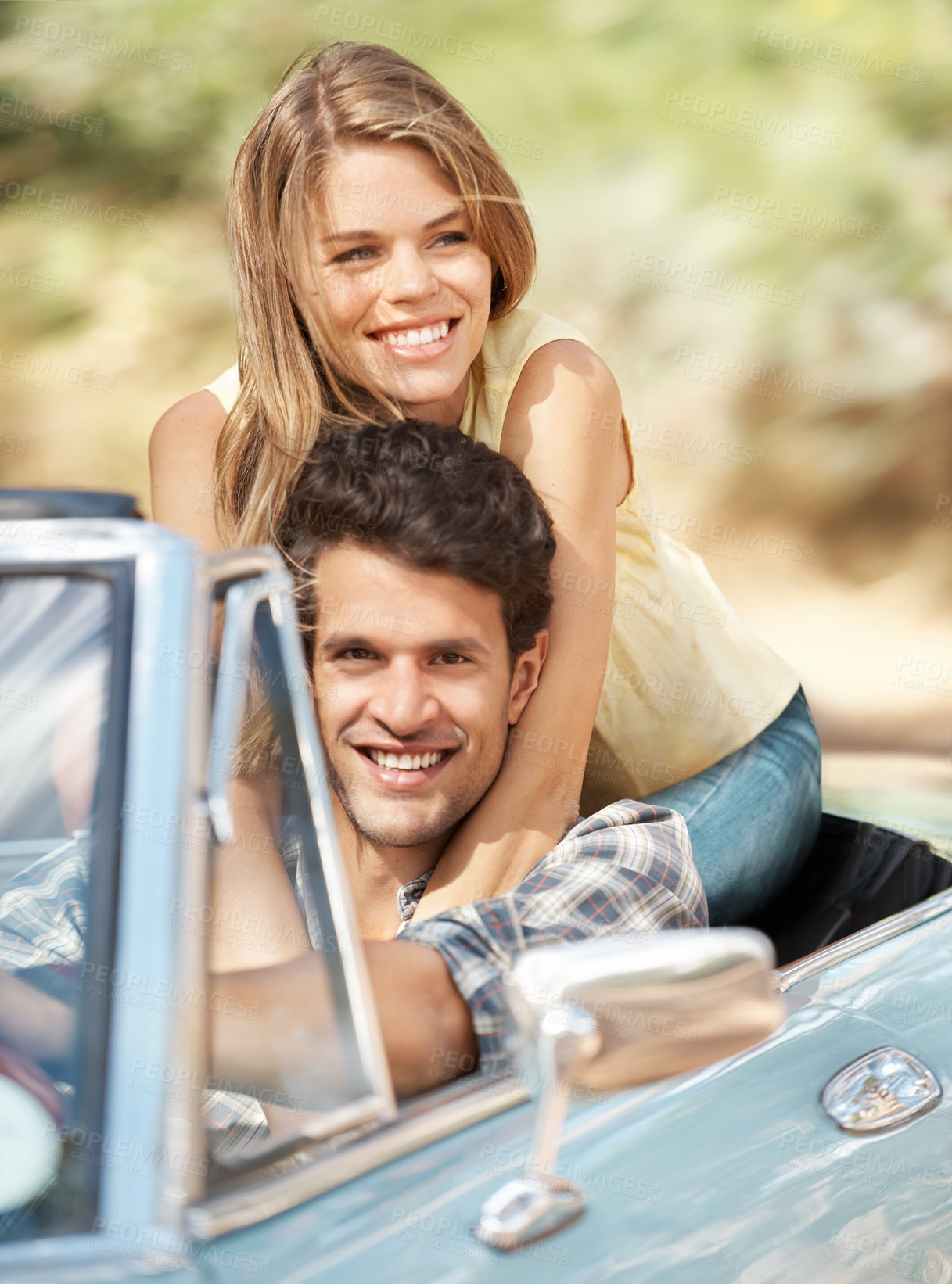 Buy stock photo Couple, portrait and road trip in car for travel, drive and journey with explore, adventure or vacation. People, happy and date in convertible with driving for crazy summer, holiday and love outdoor