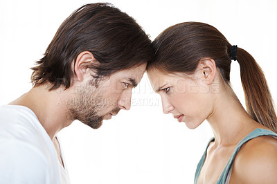 Buy stock photo Couple, conflict and fight for marriage problems, head and argue or disagreement. Bad communication, divorce and argument for man and woman in studio, toxic and relationship and unhappy partnership