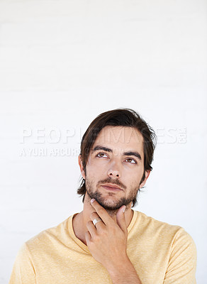 Buy stock photo Idea mockup, face and man thinking, pensive and focus on contemplating problem solving plan. Studio marketing space, advertising mock up and model product placement isolated on white background wall