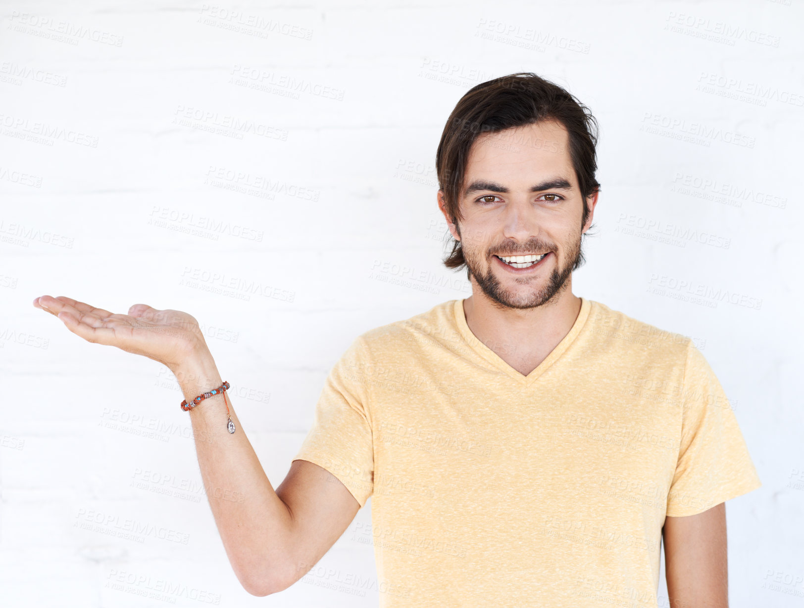 Buy stock photo Mockup gesture, studio portrait and happy man with sales promo, luxury present gift or discount deal mock up. Marketing space, product placement or advertising model isolated on white background wall