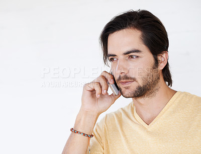 Buy stock photo Phone call communication, face and man talking, speaking or studio chat to digital mobile contact. Smartphone user mockup, conversation and networking model isolated on mock up white background wall