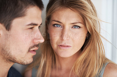 Buy stock photo Man, woman and portrait in home by wall with thinking, serious and profile with thinking in morning. Couple, serious and together with memory, connection and relax with love to start day in apartment