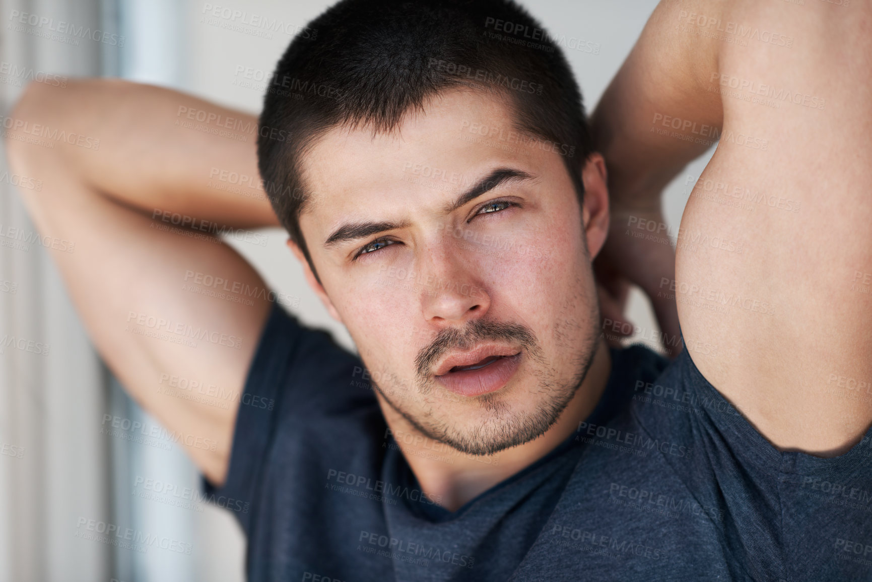 Buy stock photo Confidence, fashion and portrait of a man in home for relaxing, chill and pride in apartment. Sexy, flirting and face closeup of person with confident attitude, attractive and handsome in house