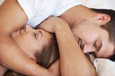 Buy stock photo Couple, sleeping hug and love in the morning with nap, rest and dreaming together in a home. Marriage, relax and pillow in a house and bedroom with relationship and tired people with a blanket in bed