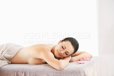 Buy stock photo Relax, happy and woman with massage at spa for hospitality, satisfaction or luxury hotel service. Stress free, sleep and zen female customer with smile for self care, peace or holistic body treatment