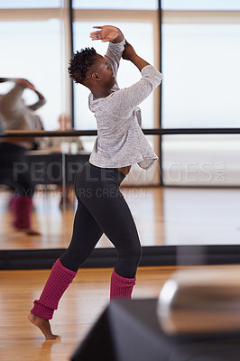 Buy stock photo Audition, black girl and dancer, dancing and art, performance and health in competition and flexible. Ballet, elegant and African female person, stage and move with balance, body and show for talent