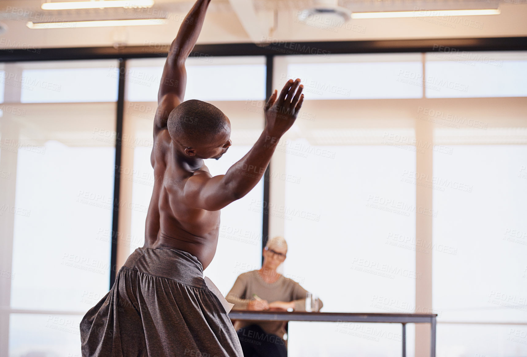 Buy stock photo Judge, ballet dancer and man at audition performance for talent show, energy and movement for creativity. Dancing action, moving and contemporary for art with drama club and competition at academy